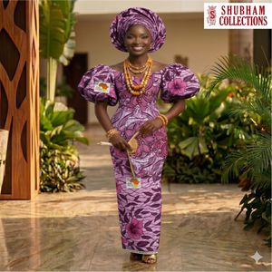 Vestido Amarillo con Estampado Africano y Flores Moradas, Mangas Abullonadas y Pañuelo a Juego para Bodas y Fiestas - Product Image 2