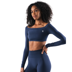 Haut court sans couture à épaules dénudées pour femme, bleu nuit, extensible, idéal pour la gym, le yoga et l'entraînement - Product Image 2