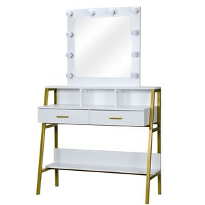 Tavolo da Trucco Illuminato a LED con 2 Ripiani Portaoggetti, Scrivania in Legno per Camera da Letto - Product Image 2