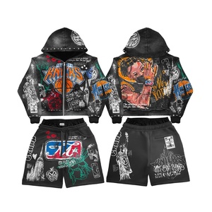 Conjunto de Sudadera con Capucha y Pantalones Cortos para Hombre, Estampado de Grafiti, Cierre de Cremallera, Estilo Urbano, Gris, Poliéster y Algodón - Product Image 4