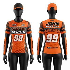 Maillot de karting en micro-mesh polyester premium 180 GSM, orange et noir avec empiècements contrastés, respirant, extensible, impression par sublimation, logo personnalisé. - Product Image 1