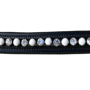 Elegante banda de cejas de caballo de cuero de sillín inglés negro con cristales transparentes brillantes y banda de cejas de canal vacío con incrustaciones de perlas blancas - Product Image 6