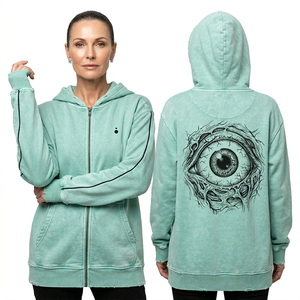 Sweat à capuche zippé marron personnalisé pour femme, motif Zombie Clown Strongman, manches rayées effet usé, délavé à l'acide, style streetwear cirque - Product Image 5