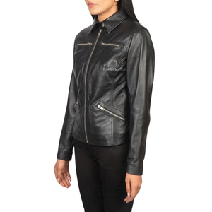 Chaqueta de Motociclista de Cuero Negra para Mujer, Cuello Camisero Corto, Cierre de Cremallera, Estilo Biker - Product Image 3
