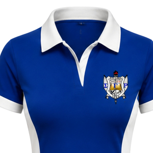 Women Royal Blue <b>Dress</b> Shirt with <b>White</b> Collar Cuffs and Side Panels Short Sleeve Embroidered Crest Fitted Uniform Apparel - Product Image 2