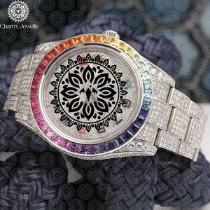 Montre ronde de luxe pour femme Charm_Jewells en acier inoxydable 38 mm, analogique à quartz, avec verre saphir et lunette arc-en-ciel, tendance - Product Image 2