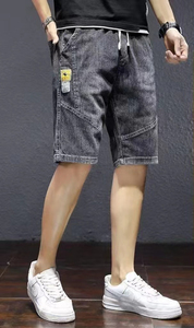 Pantalones Cortos Bermuda de Mezclilla Lavada para Hombre con Cierre de Cordón y Bolsillos, Estilo Casual, Cintura Media, Tela de Lona de Algodón Azul - Product Image 3