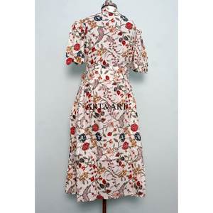 Vestido Midi Vintage para Mujer al por Mayor, de Algodón Natural, Manga Corta, Estampado Floral, Elegante, con Cinturón - Product Image 6