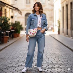 White Floral Print Cotton Soft Durable Foldable <b>Handbag</b> Adjustable Shoulder <b>Strap</b> Zipper Closure Handmade Casual Ladies - Product Image 2