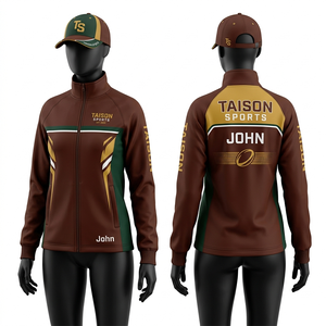 Womens Rugby Training Jacket 320 GSM Poly Cotton <b>Fleece</b> <b>Brown</b> Navy Contrast Panel Embroidery Custom Logo Athletic Fit Wear - Product Image 2