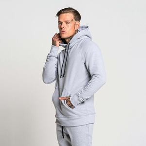 Men's <b>Grey</b> Hooded <b>Sweatshirt</b> Regular Fit Cotton French Terry Casual Autumn Pullover with Pocket and Drawstring - Product Image 2