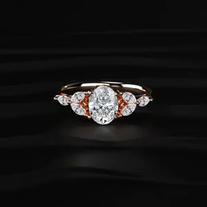 Anillo de Diamante Cultivado en Laboratorio de Corte Ovalado de 1.35CT con Piedras Laterales Marquise, Lujo Accesible, Económico, Anillo Más Vendido D-E VVS-VS - Product Image 1