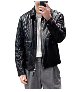 <b>Men</b> <b>s</b> Black PU Leather <b>Jacket</b> Crocodile Embossed Moto <b>Biker</b> Style Zipper Closure Turn-down Collar Regular Fit Autumn Wear - Product Image 1