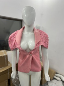 Elegant Women's Pink Satin <b>Blazer</b> and Pants <b>Set</b> – Beaded Shoulder Formal Suit - Product Image 4