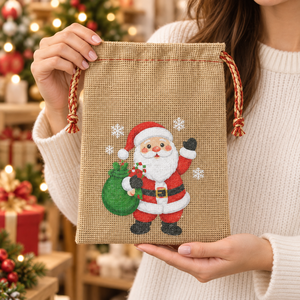 Christmas Santa Printed Natural Jute Gift Pouch 19x25 cm with Drawstring Closure Eco-Friendly Wholesale OEM - Product Image 5