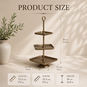 Soporte de Servicio Metálico de Tres Niveles con Acabado Dorado Vintage y Bandejas Cuadradas, Organizador de Exhibición que Ahorra Espacio para Postres, Bocadillos y Decoración - Product Image 3