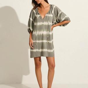 Women <b>Boho</b> Dark Gray Tie Dye Cotton Mini <b>Dress</b> V-Neck Puff Sleeve Casual <b>Summer</b> <b>Dress</b> - Product Image 1