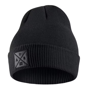 Custom Fashion Acrylic Cuffed Breathable <b>Waterproof</b> Unisex Winter Beach <b>Beanie</b> with 3D Embroidery Leather Patch - Product Image 1