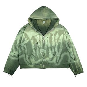 Hoodie Manufacturer Custom 500g Heavy Cotton Vintage <b>Sun</b> Faded Ripped Winter Distressed Acid Washed Zip up Hoodie for Men - Product Image 1