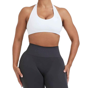 Women's White Seamless <b>Halter</b> Sports <b>Bra</b> Medium Support Yoga Workout Wear Scoop <b>Neck</b> Spandex Polyester Solid Color - Product Image 1