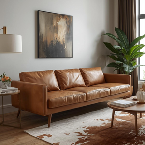 Sofá de Cuero Vacuno Genuino de Estilo Moderno de Mediados de Siglo, Sofá de 3 Plazas de Cuero Marrón Premium con Estructura de Madera para un Salón Elegante - Product Image 3