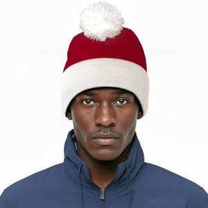 Red White Knitted <b>Beanie</b> <b>Hat</b> With Pom Pom 100% Acrylic Winter Warm Casual <b>Hat</b> For <b>Men</b> Adults 56-58CM Head Circumference - Product Image 1