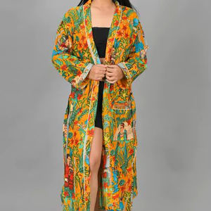 Bata de algodón elegante estampada para mujer, con cuello en V y cordón ajustable, ligera, suave, de secado rápido, bata de baño de longitud completa, ropa de dormir para el hogar - Product Image 1