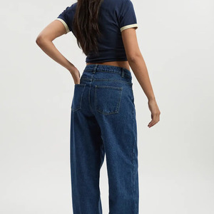Jean large taille haute pour femme grande taille, bleu foncé, en coton, coupe ample, longueur complète, style décontracté, fermeture boutonnée, pantalon en denim pour le printemps - Product Image 2