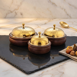 Luxury Wood & Metal <b>Serving</b> <b>Dish</b> <b>Set</b> Of 3 Elegant Handcrafted Design Durable, High Quality Gold Finish For Premium Dining - Product Image 1
