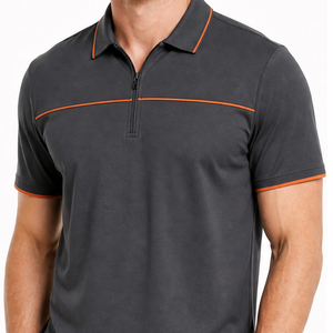 Custom Men Quarter Zip <b>Polo</b> Shirt dark Grey <b>Orange</b> Piping Short Sleeve shirt Breathable quick Dry regular fit shirt - Product Image 2