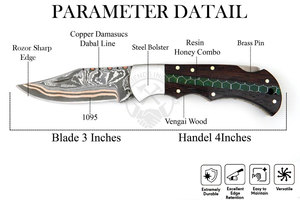 Premium Handmade Copper Damascus Steel Drop Point Pocket Folding Knife Wood Honeycomb Steel Bolster Handle Outdoor Hunting Knife - Product Image 3