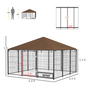 Recinto per cani da esterno 6.9FT X 6.9FT X 5FT con tettoia, colore caffè, box da giardino, gabbia con ciotola rotante, sicuro per animali domestici giganti - Product Image 3