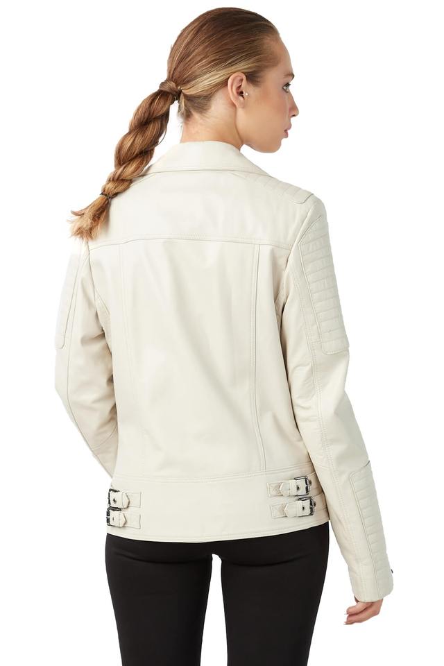 Top Sale Women's White Motorcycle Genuine Goat Skin Asymmetrical Jacket with Stylized Lapel Collar