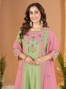 <b>Women</b>’s Premium Mal Chanderi <b>3</b>-<b>Piece</b> Anarkali <b>Suit</b> Set with Multithread Embroidery & Real Handwork | Roman Silk Palazzo - Product Image 2