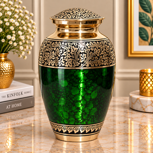 Urne en métal Arbre de Vie avec design inspiré de la nature, finition vert foncé et or, vase commémoratif avec couvercle - Product Image 6