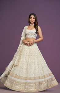 Ensemble Lehenga Indien Brodé Blanc avec Blouse Sans Manches, Dupatta Longueur Ras du Sol – Tenue de Fête et de Mariage pour Femme - Product Image 1
