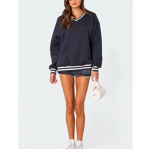 Sweat-shirt oversize pour femme, hiver, uni, écologique, col en V, polaire doux, col contrasté côtelé, pull-over, streetwear, extérieur - Product Image 6