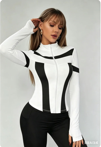 Women Slim Fit Color Block Zip Up Workout <b>Top</b> Stand Collar Long Sleeve Athletic Shirt with <b>Thumb</b> <b>Holes</b> Quick Dry for Daily Wear - Product Image 4