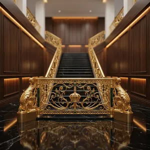 Rampe d'escalier en fer forgé doré de luxe avec décor floral orné pour villa, manoir, hôtel et décoration intérieure - Product Image 4