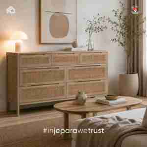 Modern Solid Teak Wood Rattan <b>Sideboard</b> Buffet Cabinet Scandinavian Japandi Room <b>Storage</b> Handmade Custom Hotel Villa Furniture - Product Image 1