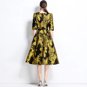 Elegante Vestido Maxi con Estampado de Lámina Dorada, Mangas Abullonadas y Cintura Ajustada, Vestidos Casuales para Mujer - Product Image 2