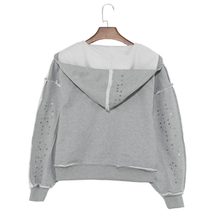 Sweat à capuche unisexe gris 2026, coupe oversize, à bords bruts et effet vieilli, orné de strass en cristal argenté, style streetwear urbain - Product Image 5