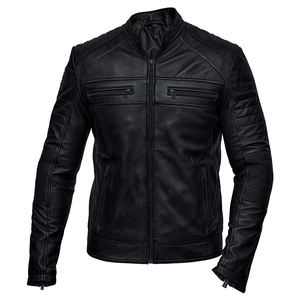 Veste zippée pour homme en cuir véritable gaufré, style vintage vieilli, patchwork, col montant, coupe classique, décontractée pour le printemps, avec motifs de patchs - Product Image 3