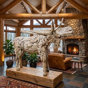 Handcrafted <b>wooden</b> moose bull head up sculpture <b>rustic</b> teak driftwood animal statue antlers floor decoration space unit layout - Product Image 2