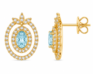Blue Topaz CZ <b>Stud</b> - 925 Sterling <b>Silver</b> Gold Plated Handmade Gemstone Oval Gemstone Halo Earrings - Product Image 5