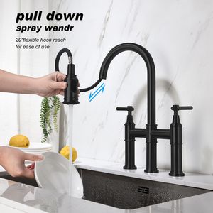 Rubinetto da cucina estraibile a doppia maniglia in acciaio inossidabile lucidato, miscelatore lavello in ottone con installazione a 3 fori per uso domestico, funzione acqua fredda - Product Image 2
