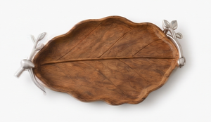 Plateau de service en bois de manguier à finition naturelle, en forme de feuille, décoratif, avec veines sculptées et poignées argentées - Product Image 5
