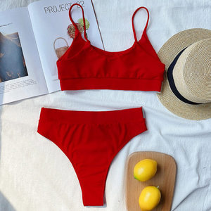 Conjunto de Bikini Morado para Mujer, Top Bandeau, Braguita Tanga, Ribete en Contraste, Secado Rápido, Traje de Baño de Color Sólido, Spandex y Nailon - Product Image 2