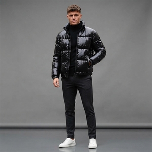 Chaqueta Acolchada de Nailon Negra para Hombre, con Capucha, Cuello Alto, Cierre de Cremallera, Impermeable, Relleno Grueso, Informal, para Invierno, Corte Ajustado, Regular - Product Image 1