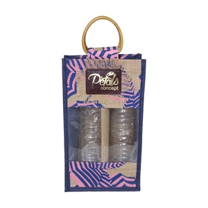 Bolsa de vino de yute laminado PP con asa de madera para ventana frontal y compartimento interior para dos botellas, de la India - Product Image 1